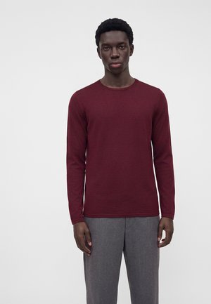 Jeune homme aux cheveux courts et bouclés portant une chemise bordeaux ajustée à manches longues et un pantalon gris, debout devant un fond clair uni.