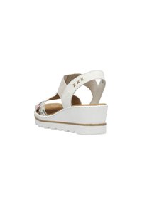 Witte wedge sandalen met bloemenpatroon, open teenontwerp, elastische banden en een gestructureerde zool. Voorzien van decoratieve stiksels op de hak.