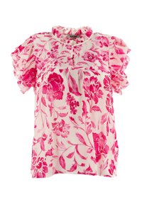 Blusa de manga corta floral con hombros rizados, en colores rosa y blanco, con un tablón de botones decorativo y un tejido ligero.