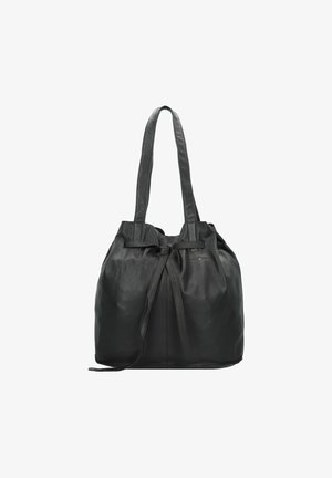 Borsa a cordoncino in pelle nera con due spallacci, texture liscia, forma arrotondata e dettagli di cucitura discreti.