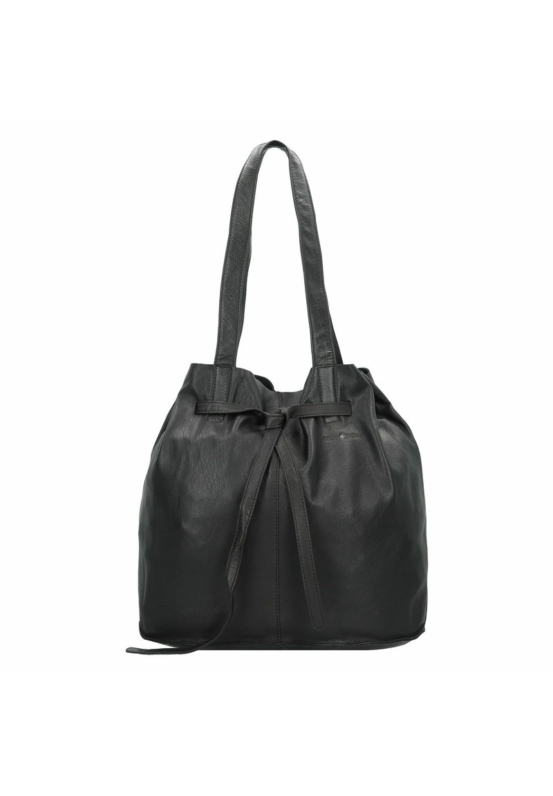 Bolsa drawstring de cuero negro con dos correas para el hombro, textura suave, forma redondeada y detalles de costura sutiles.