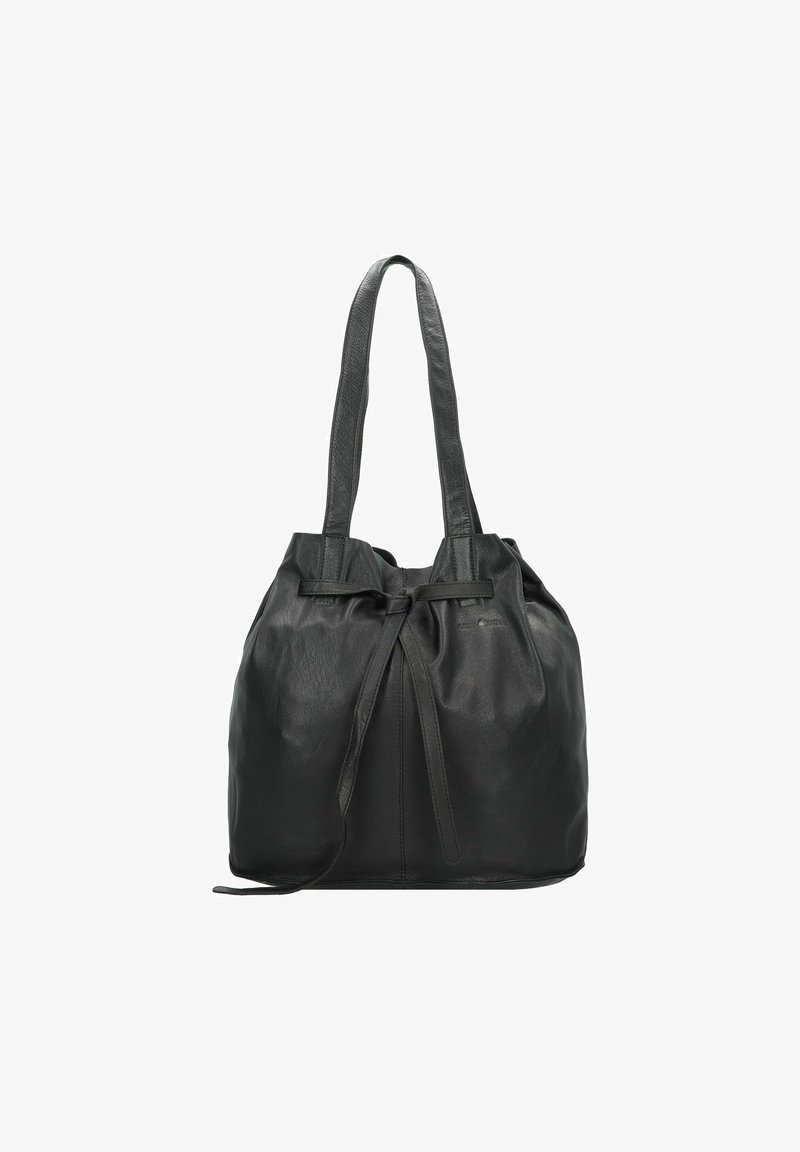 Bolsa drawstring de cuero negro con dos correas para el hombro, textura suave, forma redondeada y detalles de costura sutiles.