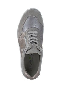 Light gray sneaker featuring suede and metallic leather upper, tonal laces, decorative side zipper, and textured accents.