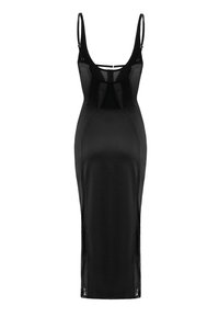 Schwarzes, eng anliegendes Kleid mit dünnen Trägern, oberem Mesh-Einsatz, schlanker Silhouette, knielangem Saum und strukturierten Akzenten an den Seiten.