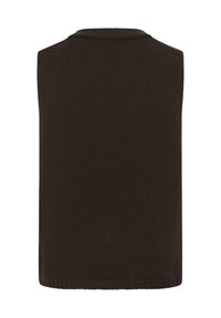 Pull sans manches en tricot de couleur marron foncé avec un col rond et un ourlet côtelé, vu de dos.