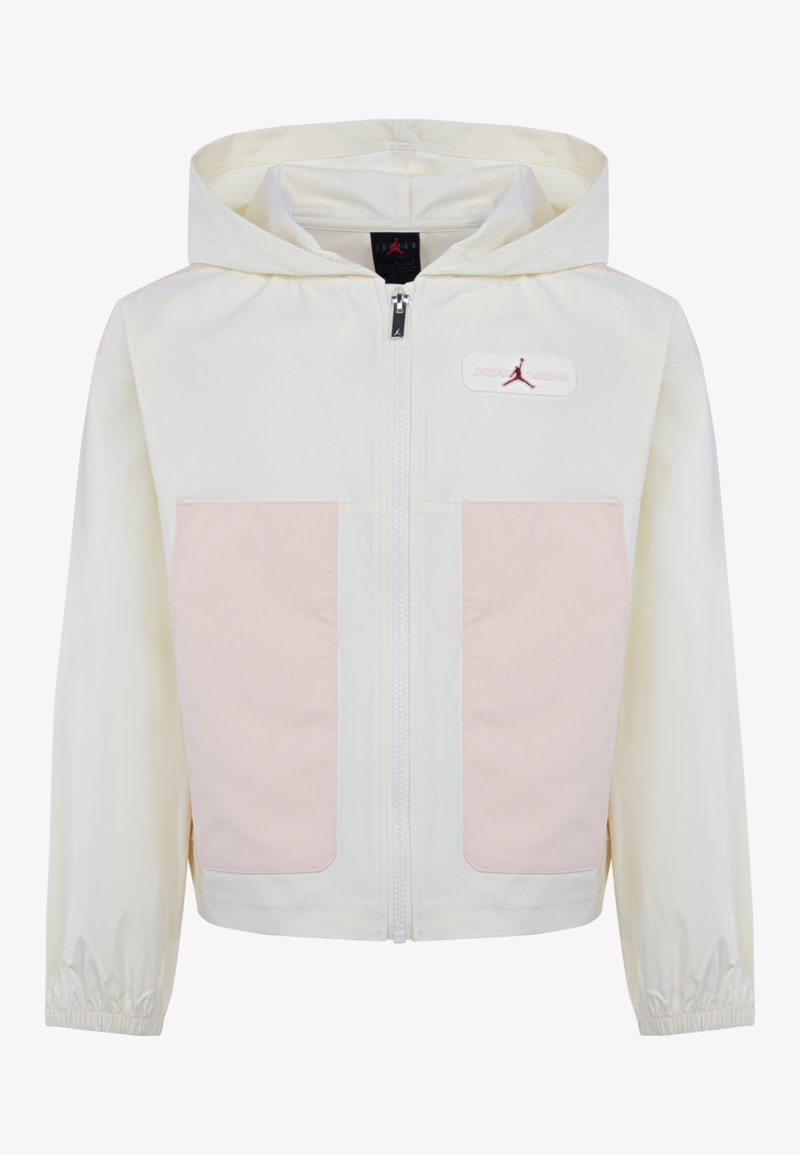 Giacca leggera con cappuccio in bianco sporco, dotata di tasche in tessuto rosa. Presenta una chiusura con zip completa e polsini elasticizzati. Dettaglio del logo ricamato.