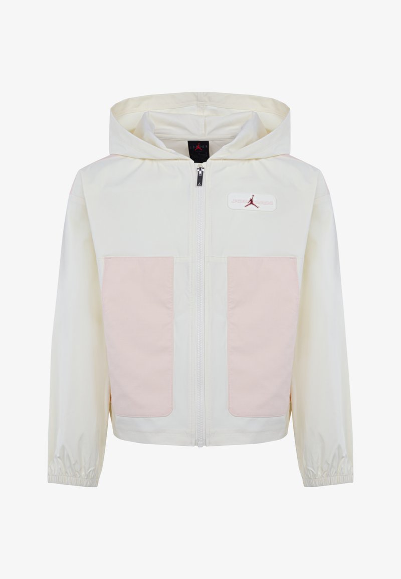 Letvægts hættejakke i off-white med lyserøde stoflommer. Har fuld lynlås lukning og elastiske ærmer. Broderet logo detalje.