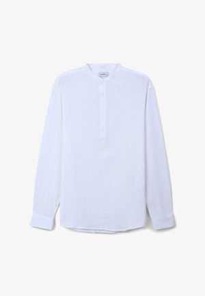 Camicia bianca a maniche lunghe con colletto alla coreana, caratterizzata da una chiusura con bottoni e un tessuto testurizzato. Design semplice con orlo dritto e polsini.