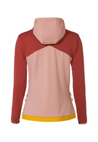 Kapuzenshirt mit pinkem Oberteil und kastanienbraunen Ärmeln, mit einem kontrastierenden gelben Saum. Glatte Textur und zipbare Seitentaschen.