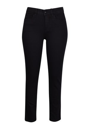 Schwarze Denim-Jeans mit Slim Fit, fünf Taschen, Knopfverschluss vorne und Gürtelschlaufen, die eine glatte Textur und minimale Nähte aufweisen.