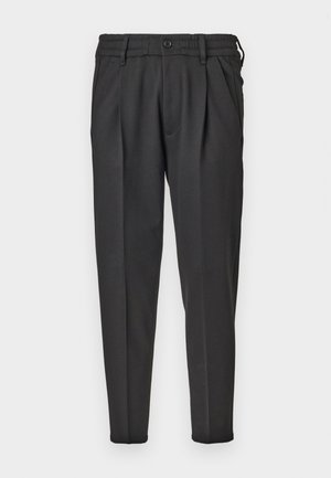Black trousers made of smooth fabric, featuring a pleated front, elastic waistband, and straight legs with a tapered bottom.