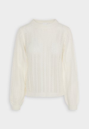 Strickpullover in Off-White, mit einem gerippten Rundhalsausschnitt, langen Ärmeln und einem offenen Design mit abwechselnd erhöhten Mustern.