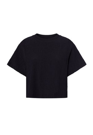 Zwart cropped t-shirt met een gestructureerd, gekreukt ontwerp, ronde halslijn en korte mouwen. Gemaakt van zacht materiaal, minimalistische stijl.