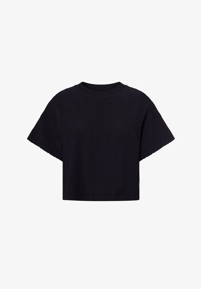 Zwart cropped t-shirt met een gestructureerd, gekreukt ontwerp, ronde halslijn en korte mouwen. Gemaakt van zacht materiaal, minimalistische stijl.