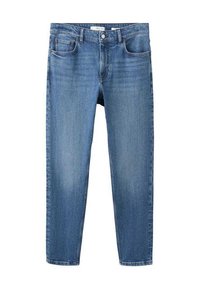 Pantalones vaqueros azul claro con diseño de pierna recta, cinco bolsillos y cierre clásico de botón y cremallera. Textura suave y decoloración mínima.