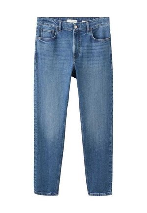 Hellblaue Jeans aus Denim mit geradem Bein, fünf Taschen und einem klassischen Knopf- und Reißverschluss. Glatte Textur und minimaler Farbverlauf.