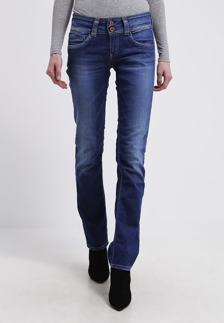 Denim jeans in dark blue with a straight cut, featuring front pockets, button closure, and slight fading at the thighs. Textured fabric.