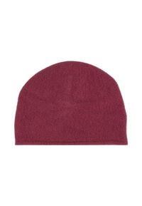 Fast mörkröd ullberet med en klassisk rund och platt topp, uppställd på en vit bakgrund.
