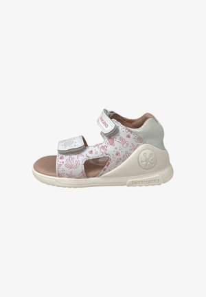 Sandalo bianco per bambini con motivi di creature marine rosa, due cinturini regolabili, suola imbottita e supporto per il tallone di biomecanics.