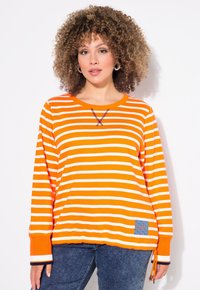 Oranje en witte gestreepte langemouwen shirt met een ronde halslijn, met een kruissteekdetail bij de hals en een blauwe patroonpatch.