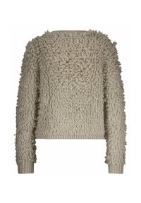 Gestructureerde beige trui met een pluizige oppervlakte, ronde halslijn en lange mouwen; heeft ribgebreide manchetten en zoom voor een fijne pasvorm.