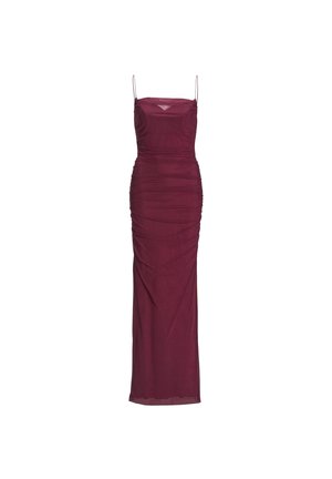 Vestido maxi burdeos con tirantes finos, que presenta detalles fruncidos a lo largo de los lados y una silueta ajustada y elegante. Tejido suave y ligero.