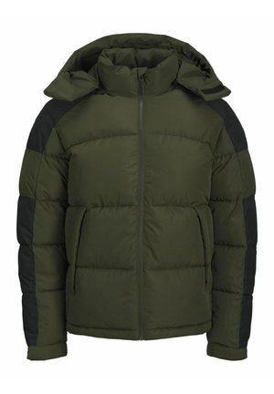Giacca puffer verde oliva con accenti neri, chiusura con zip, colletto alto e cappuccio. Realizzata con pannelli trapuntati e tasche laterali.