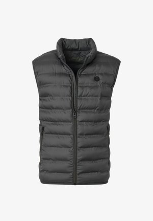 Padded sleeveless vest w kolorze ciemnoszarym, z wysokim kołnierzem, zamek błyskawiczny z przodu oraz kieszeniami bocznymi na zamek. Gładki, lekki materiał o pikowanym wzorze.