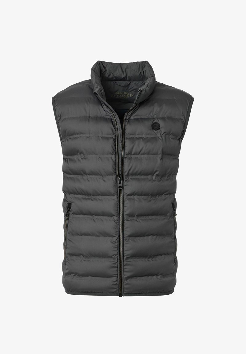 Polstret ærmeløs vest i mørkegrå, med høj krave, frontlynlås og lynlåslommer i siden. Glat, letvægtsstof med quiltet design.