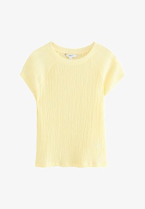 Kortærmet gul top med tekstureret stof med horisontale linjer og rund neckline, designet med raglanærmer for komfort.