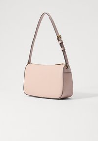 Pink synthetic handbag with a smooth texture, rectangular shape, and a thin adjustable strap. Features gold zipper and subtle color blocking.