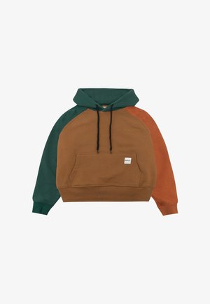 Hoodie met kleurvlakken in groen, bruin en oranje, trekkoorden, een voorzak en een tekstlogo in goud op de borst.