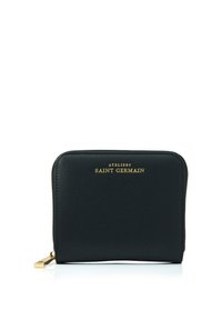 Portefeuille en cuir noir avec surface texturée, logo doré "ATELIERS SAINT GERMAIN," fermeture éclair et détails en métal doré. Forme rectangulaire compacte.