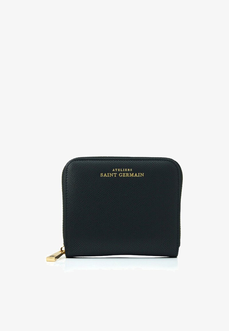 Black leather wallet with textured surface, gold logo "ATELIERS SAINT GERMAIN," zip closure, and gold-tone hardware detail. Compact rectangular shape.