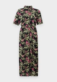 Robe noire à fleurs avec des manches courtes, mettant en avant des feuilles vertes et des fleurs roses, un col et une ceinture à nouer à la taille.