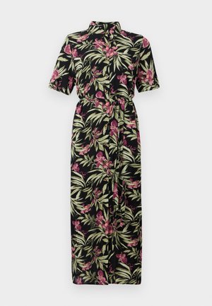 Mustad lillemusteriga must kleit lühikeste varrukatega, millel on rohelised lehed ja roosad lilled, krae ning vööl lips.