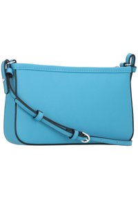 Niebieska, teksturowana, syntetyczna torba na ramię z czarnymi akcentami, z regulowanym paskiem i eleganckim, prostokątnym kształtem.