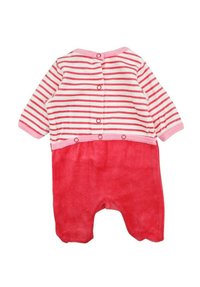 Combi-baby à manches longues rayé avec des rayures horizontales roses et blanches en haut et un tissu molleton rouge uni en bas, doté de fermetures à pression.