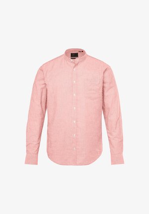 Lange mouwen shirt in lichtroze met witte verticale strepen, voorzien van een button-down kraag, borstzak en ronde zoom.
