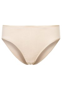 Mutande in cotone beige, con una texture liscia, aperture per le gambe alte e una cintura senza cuciture per il massimo comfort. Senza motivi né decorazioni.