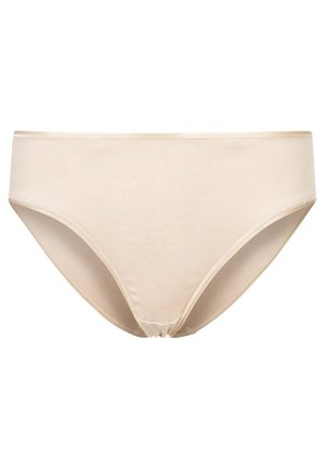 Beige bavlněné spodní prádlo s hladkým povrchem, vysokými výřezy na nohavicích a bezešvým pasem pro pohodlí. Žádné vzory ani akcenty.