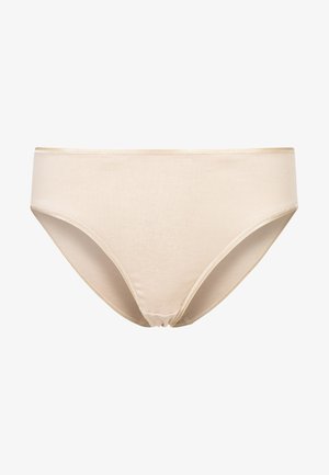 Beżowa bawełniana bielizna o gładkiej fakturze, z wysokim krojem nóg i bezszwowym pasem dla wygody. Bez wzorów ani akcentów.
