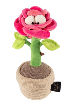 Fleur en peluche en pot avec des pétales roses, de grands yeux blancs, des feuilles vertes et un pot en tissu beige étiqueté « Beasts Town ».
