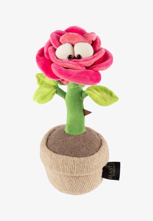 Fiore di peluche in vaso con petali rosa, grandi occhi bianchi, foglie verdi e vaso di stoffa beige con etichetta "Beasts Town."