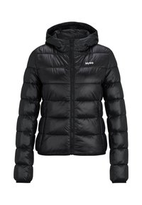 Svart dunjacka med dragkedja, luva och quiltad design. Tillverkad av glänsande material och har en liten logotyp på bröstet.