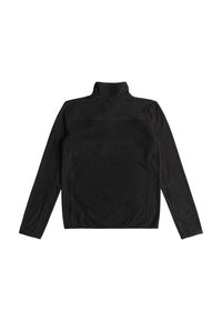Schwarzer Fleece-Pullover mit hohem Kragen, langen Ärmeln und glatter Textur. Merkmale ein schlichtes Design ohne sichtbare Verzierungen.
