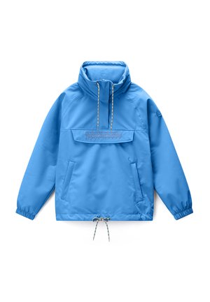Lichtblauw windjack met hoge kraag, voorflap van de zak met merknamen, elastische manchetten en verstelbare trekkoorden bij de nek en zoom.
