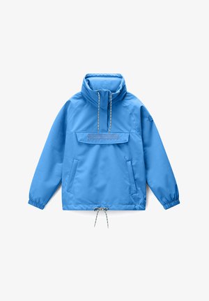 Lichtblauw windjack met hoge kraag, voorflap van de zak met merknamen, elastische manchetten en verstelbare trekkoorden bij de nek en zoom.