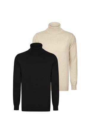 Dos suéteres de cuello alto: uno negro y uno beige. Ambos están tejidos con cuellos y puños acanalados, presentan una textura suave y un corte regular.