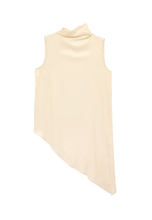 Bezsowa bluzka bez rękawów z wysokim dekoltem i asymetrycznym dołem, z drapowanym wzorem i gładką teksturą materiału.